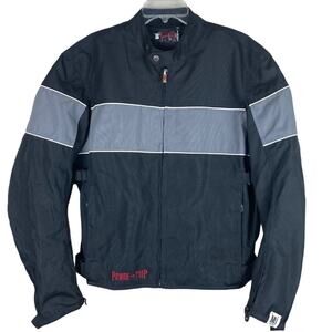 Power Trip Motorcycle Riding Jacket Size Medium Black Gray Stripe Padded Waist